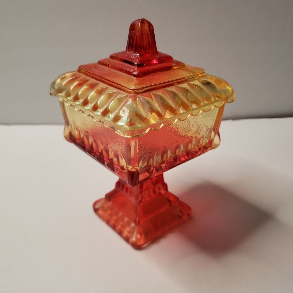 Carnival Glass Red and Gold Pedestal Candy Dish - Decorative Covered Compote